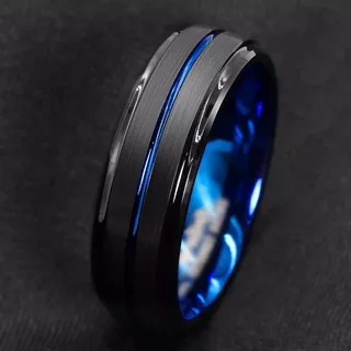 Stainless Steel Black Slotted Ring Men`s Fashion Brushed Ladder Edge Blue Groove Men Rings Jewelry