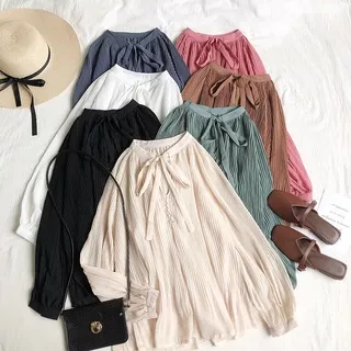 Korean Style Loose V-neck Lace Elegant Pleated Long Sleeve Chiffon Shirt