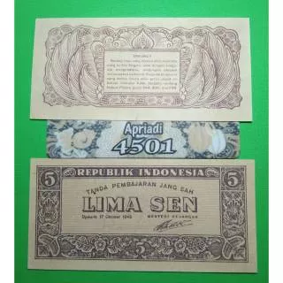 UK205 UANG KUNO ASLI 5 SEN ORI ( OEANG REPUBLIK INDONESIA ) TAHUN 1945 KOLEKSI UANG LAMA KERTAS
