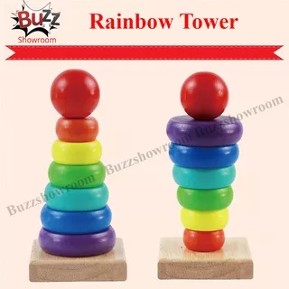 Rainbow Tower Ring Donat Pelangi Kayu Mainan Anak Bayi Montessori Wooden