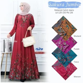 SAKURA JUMBO DRESS BY NUHA BAJU GAMIS WANITA MUSLIM TERBARU MOTIF PRINTING MODERN KEKINIAN  CALVIN JEANS LD 120 MELAR SAMPAI 135 PB 136 BB 90 - 100 MUAT