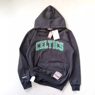 Jaket Sweater Hoodie Celtics Buston Mitchell And Ness Black  Fonts Besic Logo Embroidery