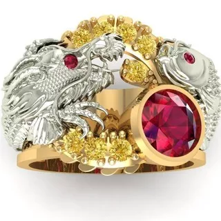 Cincin Naga & Ikan Silver Gold Batu Merah Batu Kuning / Dragon and Fish Yellow Red Stone Ring