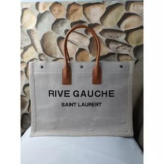 TAS BRANDED IMPORT || YSL Rive Gauche Tote Linen Leather CREAM List Coklat Uk. 48 cm