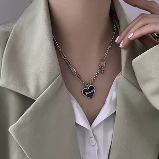 Necklace+ Bracelet Fashion Women Girl Black Love Heart Pendant Chain Necklace Bracelet Hip-hop Jewelry