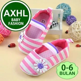 FLOWER STRIPE PINK Baby Girl Prewalker Sepatu Anak Bayi Perempuan Garis Putih 0 1 2 3 4 5 6 Bulan