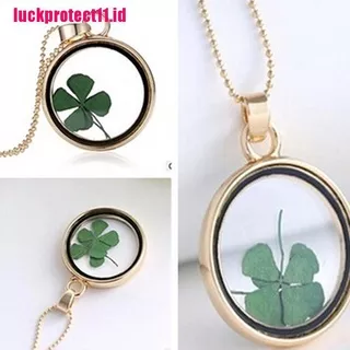 ?LUCK?Natural Real Dried Clover Flower Clear Resin Locket Pendant Necklace Four-Leaf