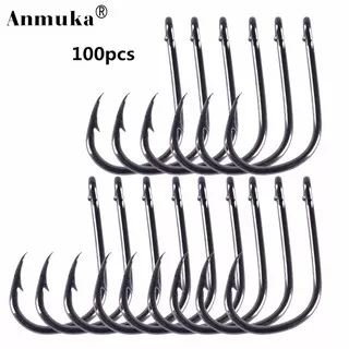 Anmuka 100Pcs Kail Pancing Ikan (GF) #3-#12 Holder Umpan Pancing Bahan Karbon Warna Hitam