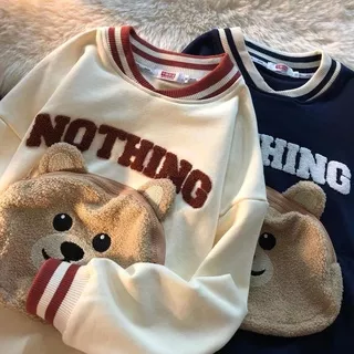 [littlecrab] Sweater Oversize Bear Nothing Pouch Unik Beresleting Sweater Beruang Lucu Berkantong Huruf Bulu Bahan Berkualitas Korean Style