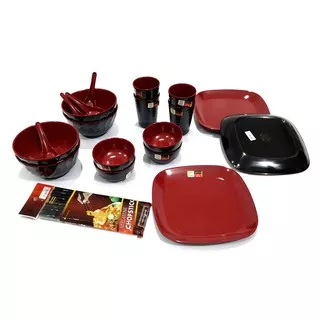 PIRING MELAMIN SET - Paket Combo Peralatan Makan 1 Set Merah Hitam Melamin Golden Dragon !