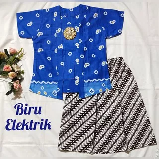 setelan batik jumputan anak model kutubaru bahan katun warna biru BAC28