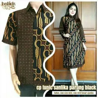 Couple Tunik Santika Parang Black Hitam Antaseno Batik Sarimbit Seragam Kerja Kantor Midi Dress