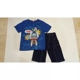 Setelan Baju Anak Kaos Karakter Thomas warna Biru + Celana Jeans