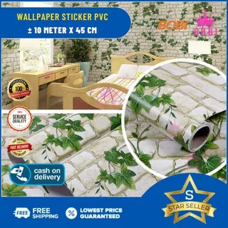 Bobi Wallpaper Sticker Motif Bata Putih Daun Hijau  5089  / Wallpaper Dinding 9m x 45cm
