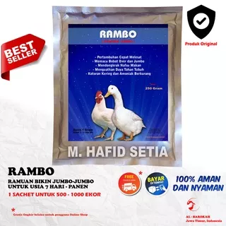 RAMBO - RAMUAN JUMBO - Suplemen Unggas ( BROILER, ITIK, BEBEK, ENTOK, JOPER, PEJANTAN DLL) Untuk usia 7 hari sampai panen. 250 Gram