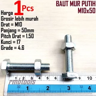 Baut Mur Besi M10 x 50 Putih BMP Kunci 17 Pitch 1.50 / BMP M10 x 50 Grade 4.6 Baut 17