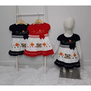 ( 6-18 Bulan ) Baby Dress Perempuan Motif Bordir Bear Lucu Free CD Baby