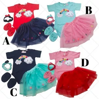 Jumper Pelangi Bayi PerempuanFashion Bandana Set Rok Tutu Anak Bayi Baby Girl L460 Peek A boo GK