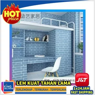 Wallpaper Dinding Bata Biru Garis Putih 45cm x 10m Murah Kamar Tidur Ruang Tamu Anti Air - KINGWPP37