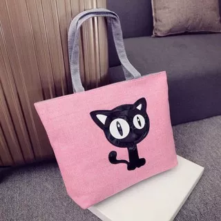 SB Tas Totebag Tote Wanita Cewek Lucu Motif gambar karikatur kucing Murah Kekinain Distro Warna Pink