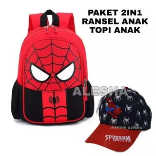 Tas ransel anak laki-laki karakter spiderman 2in1 - tas + topi - tas anak