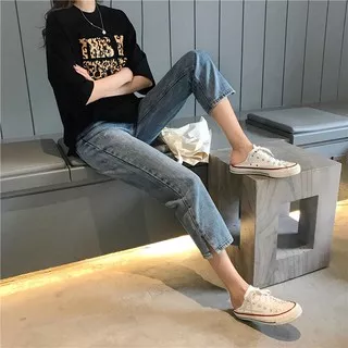 Celana Panjang Model Longgar High Waist Lurus Gaya Korea Bahan Jeans Untuk Wanita