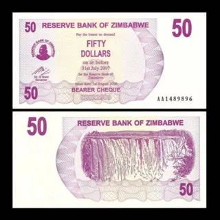UANG ZIMBABWE 50 DOLLAR 2006/07 UNC PERFECK AA ORIGINAL BEARER CHEQUE
