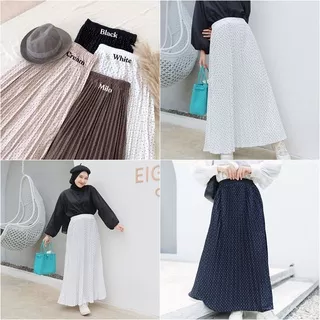 Rok Panjang Korea Style - Polkadot Skirt Plisket Jersey Spandek Impor - Bawahan Wanita Muslim <