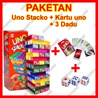 Paket UNO Stacko + Kartu / Card + Dadu / Dice Mainan Balok Susun Paketan 3 in 1 Jumbo Besar Edukasi
