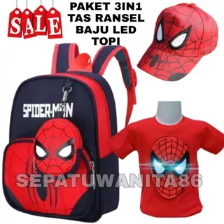 Baju anak led hoodie karakter spiderman gratis tas ransel  topi bordir