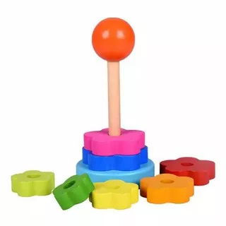 Wooden Rainbow Ring Tower - Mainan Montessori - Puzzle Cincin Menara Motif Bunga Warna Warni Pelangi