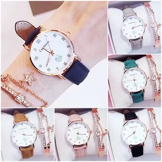 Jam Tangan Wanita Analog Candycat Motif Strawberry Hijau Strap PU Wanita Fashion Watches