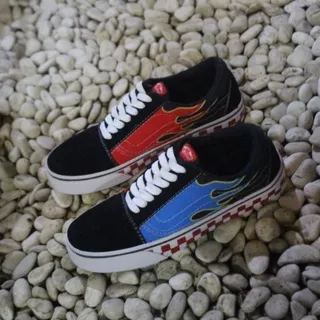 SEPATU VANS OLD SKOOL HITAM MOTIF API MERAH BIRU SNEAKERS CASUAL IMPORT PREMIUM WAFFLE DT IFC ICC