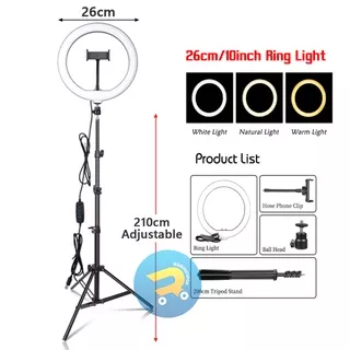 Tripod Handphone 210 CM (2.1M) + Ring Light Led 26CM - Tripod Tiktok - Ring Light - Make Up Vlog - Selfie Light - Tripod Ringlight Stand - Tripod Live Tiktok - Vloger - Youtuber