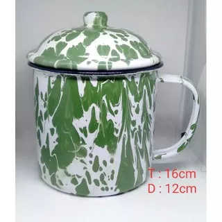 Gelas Mug Cangkir 12 14 16cm tinggi berikut tutup enamel kaleng blurik jadul vintage