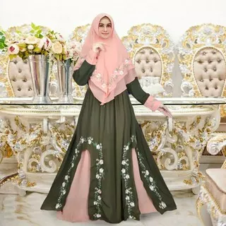 gamis syari jumbo bordir ceruty hijab 2 layer XL ld 120 cm bergo hijau lumut gold maroon abu grey