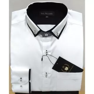 Kemeja Putih Pria Slim Fit Panjang Polo Alessandro Kerah Kombinasi Oxford