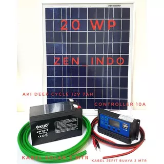 Paket Hemat Solar Cell Solar Panel 20WP merek DKD / GREENTEK, Solar Controller 10A dan Aki 12V 7AH