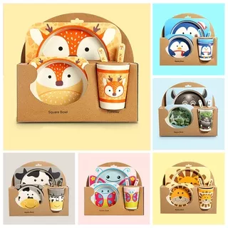 Set Peralatan Makan Anak Tableware Bamboo 5 in 1 Karakter Animal Lucu Feeding Mangkok Gelas Sendok Garpu TRIPLEDI