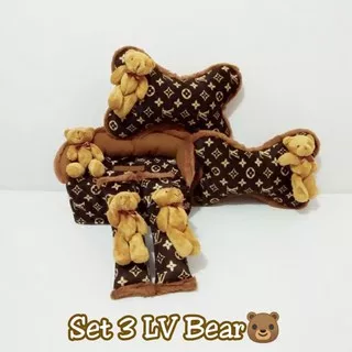 Set Bantal Headrest Jok Leher Kepala Kursi mobil boneka beruang Lv coklat 3