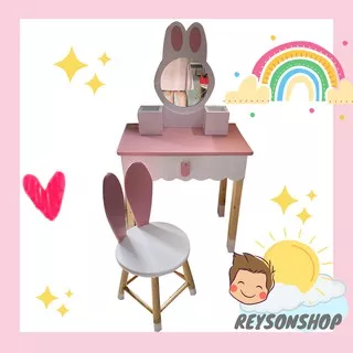 Meja Rias Anak Make Up Meja Kursi Kelinci Bunny Wooden Dresser Set