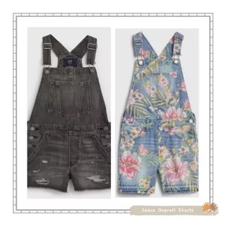 OVERALL JEANS ANAK PEREMPUAN / CELANA OVERALL ANAK / CHARCOAL RIPPED WASHED FLOWER OVERALL SHORTS