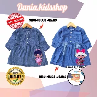 Baju anak perempuan cewek pakaian fashion dress dres jeans prempuan lengan panjang untuk usia bayi 1 2 3 4 5 6 tahun bahan denim lembut nyaman adem untuk pesta kondangan ulang tahun terbaru kualitas bagus terbaru kekinian snow blue biru muda motif LOL