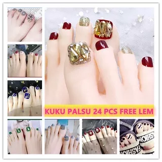 MSY Kuku Kaki palsu 24/pcs set Fake Nails Fashion Acylic Nail Design Eropa free lem 2g