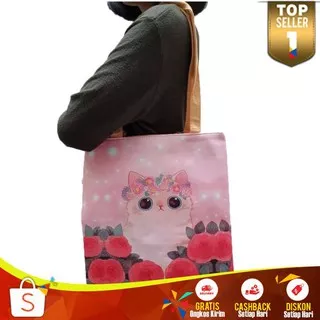 Tote Bag Wanita TT52 Totebag Canvas Flower Cat Printed Korea Murah Hand Bag Cewek Cantik Kekinian