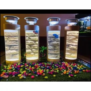 aquarium mini ikan cupang unik plus lampu led background motif batu alam