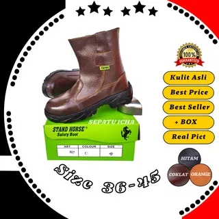 STAND HORSE Sepatu Safety Boots Pria Kulit Sapi Asli Ujung Besi Baja Safety Shoes Proyek Murah SNI