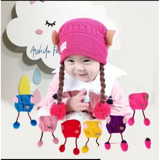 Topi Kupluk Bayi Kepang Rambut Palsu Wig [Bayi/Anak Perempuan] [Custom Nama/Polosan]