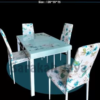 Meja Makan 4 kursi / Meja Makan Kaca / Bunga Biru