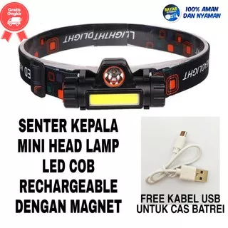 SENTER KEPALA MINI HEAD LAMP LED COB RECHARGEABLE PLUS MAGNET - BISA COD